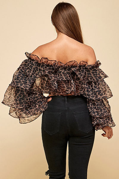 Brown ANIMAL PRINT RUFFLE CROP TOP