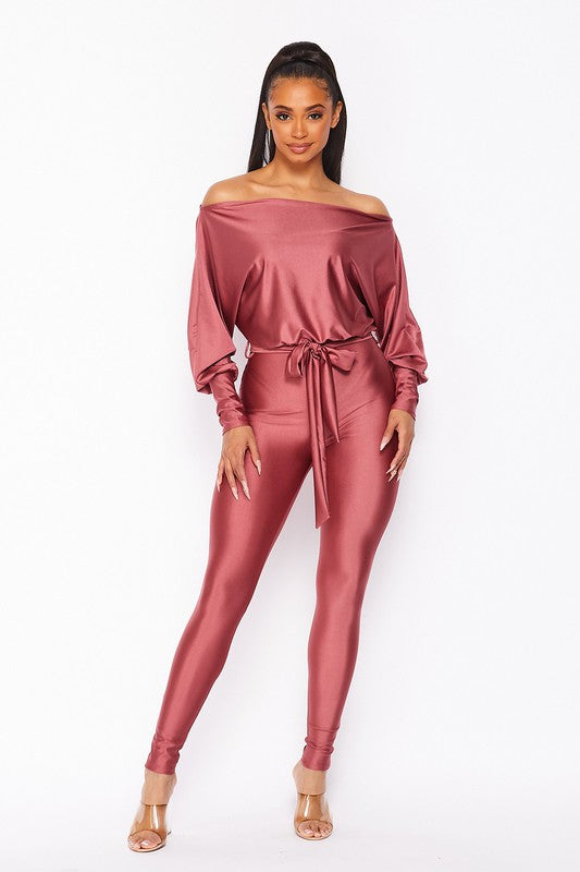 MAUVE OFF THE SHOULDER JUMPSUIT WITH SELF TIE