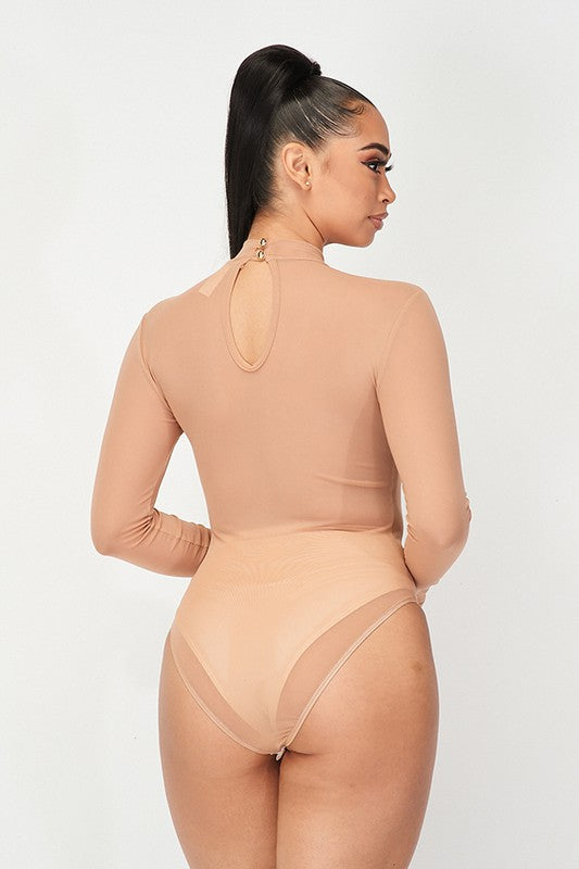 TAN LONG SLEEVE MOCK NECK MESH BODYSUIT