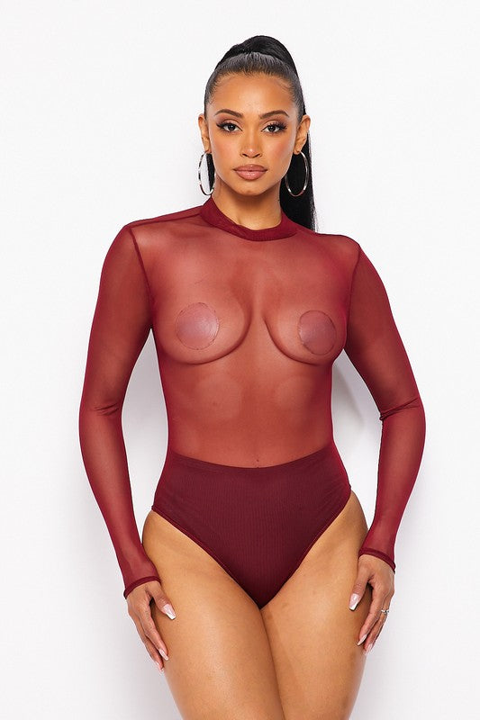 BURGUNDY LONG SLEEVE MOCK NECK MESH BODYSUIT