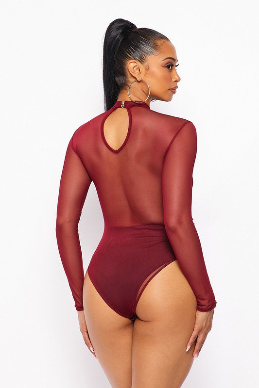 BURGUNDY LONG SLEEVE MOCK NECK MESH BODYSUIT