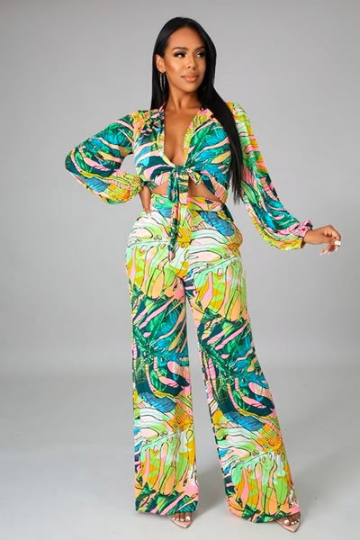 MULTI COLOR CROP TOP PLUNGING NECKLINE LONG SLEEVES 2 PIECE SET