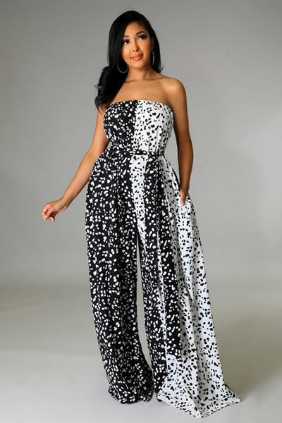 BLACK AND WHITE SEMI-STRETCH WIDE LEGS JUMPSUIT