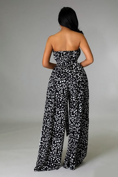 BLACK AND WHITE SEMI-STRETCH WIDE LEGS JUMPSUIT