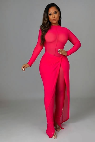 MAGENTA SHEER LONG SLEEVE TWO PIECE SET