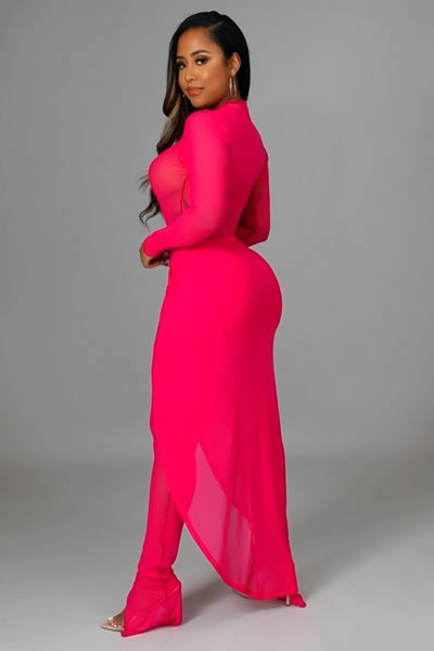 MAGENTA SHEER LONG SLEEVE TWO PIECE SET