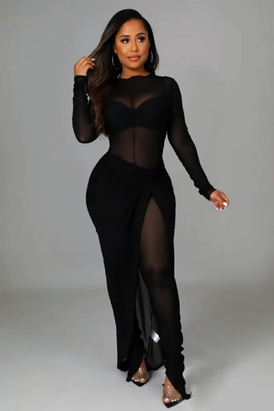 BLACK SHEER LONG SLEEVE TWO PIECE SET