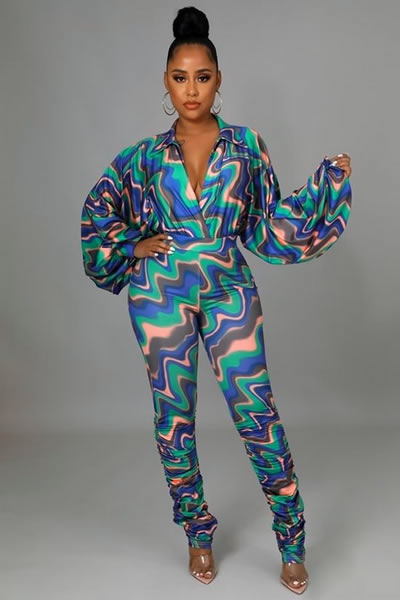 MULTI COLOR STRETCH LONG SLEEVE DEEP V NECK BODYSUIT 2 PIECE SET