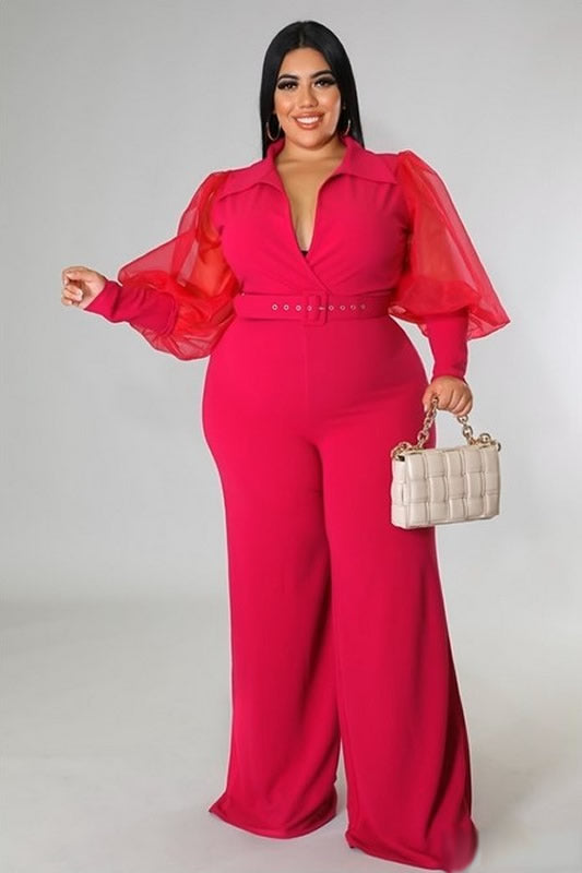 Magenta Plus Size Long Sheer Sleeve Wide Leg Stretch Jumpsuit