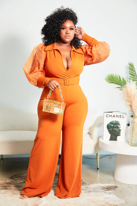 Camel Plus Size Long Sheer Sleeve Wide Leg Stretch Jumpsuit