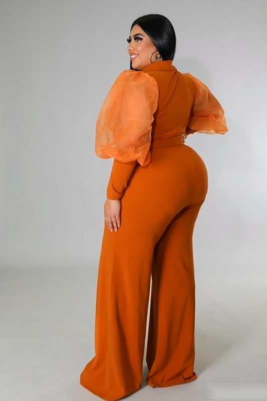 Camel Plus Size Long Sheer Sleeve Wide Leg Stretch Jumpsuit