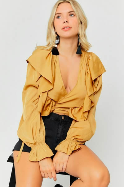 Mustard Ruffle Wrap Long Sleeve Top