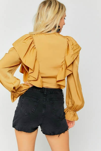 Mustard Ruffle Wrap Long Sleeve Top