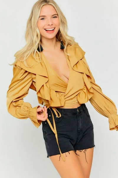 Mustard Ruffle Wrap Long Sleeve Top