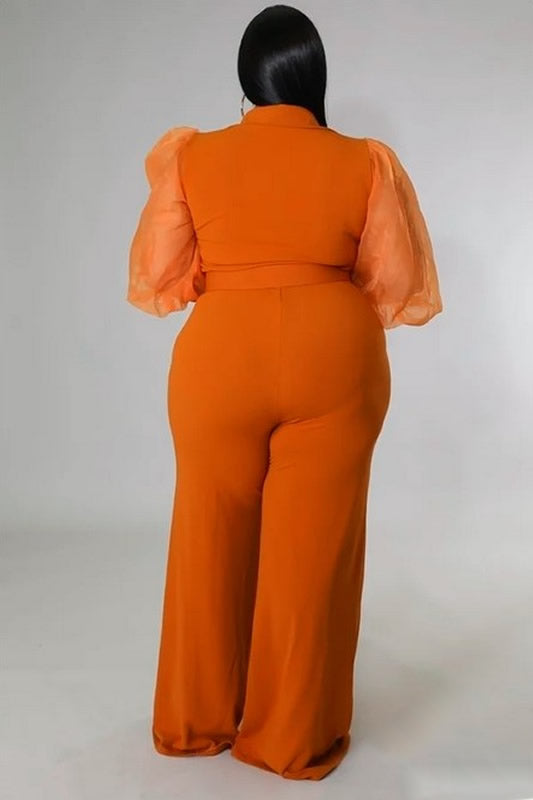 Camel Plus Size Long Sheer Sleeve Wide Leg Stretch Jumpsuit