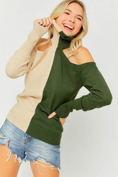 Olive & Taupe Turtle Neck Open Shoulder Long Sleeve Sweater