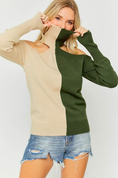 Olive & Taupe Turtle Neck Open Shoulder Long Sleeve Sweater