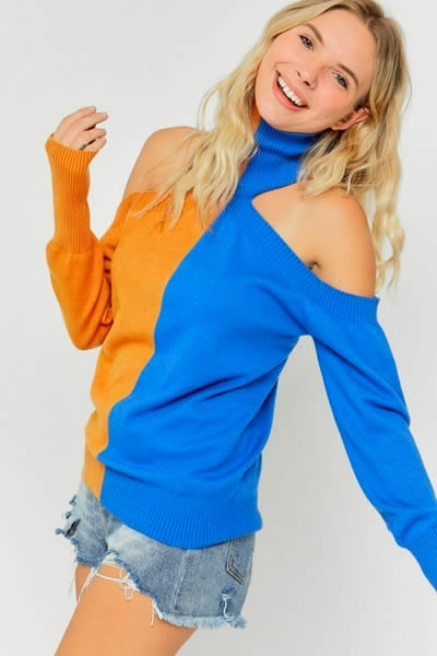 Mustard & Blue Turtle Neck Open Shoulder Long Sleeve Sweater