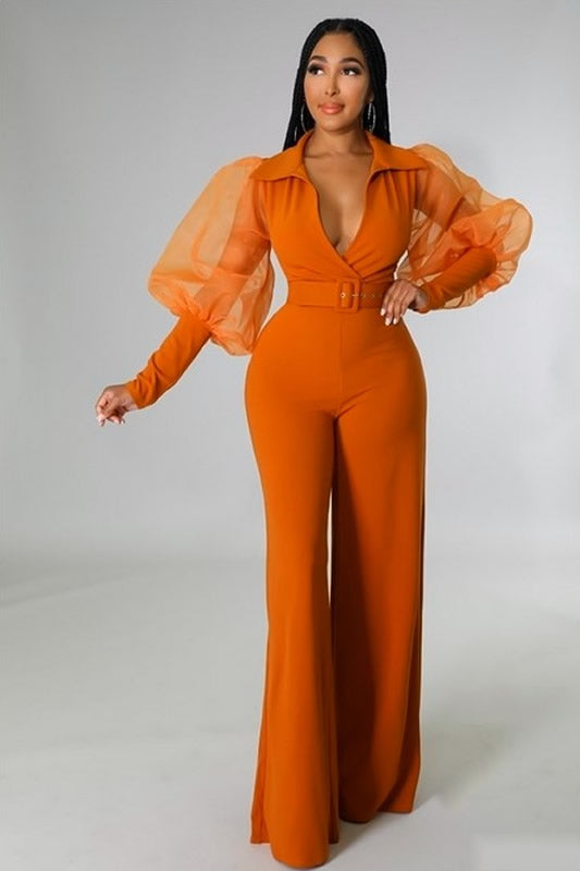 Camel Long Sheer Sleeve Wide Leg Stretch Jumpsuit