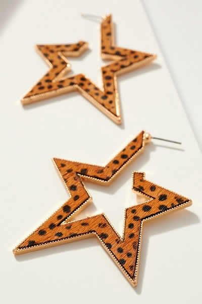 Tan Animal Print Calf Hair Open Hoop Star Earring