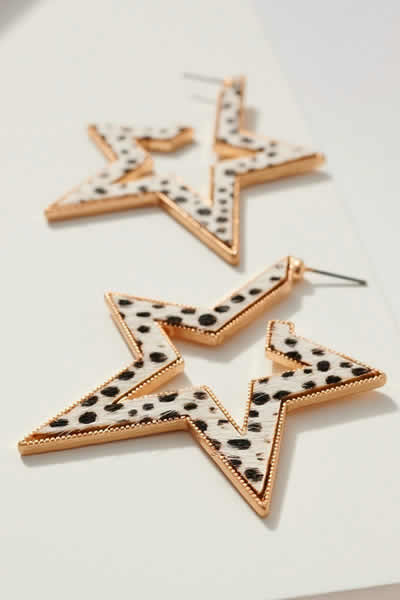 Ivory Animal Print Calf Hair Open Hoop Star Earring