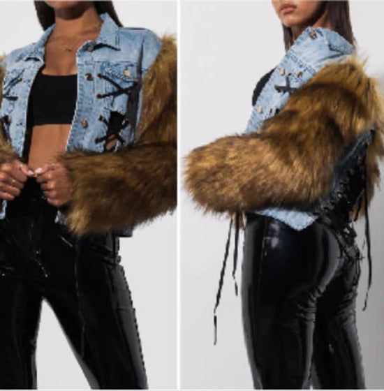 Azalea Wang - Plush Soft Fox Fur and Denim Jacket