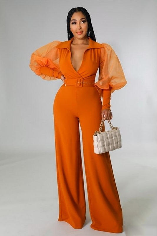 Camel Long Sheer Sleeve Wide Leg Stretch Jumpsuit