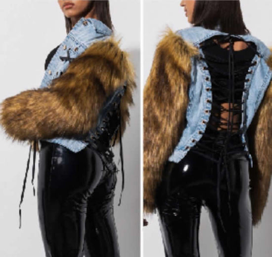 Azalea Wang - Plush Soft Fox Fur and Denim Jacket