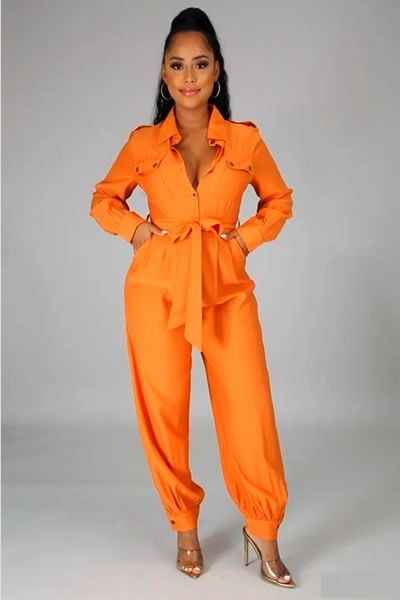 Orange Front button Closure Long Sleeve Jumpsuit