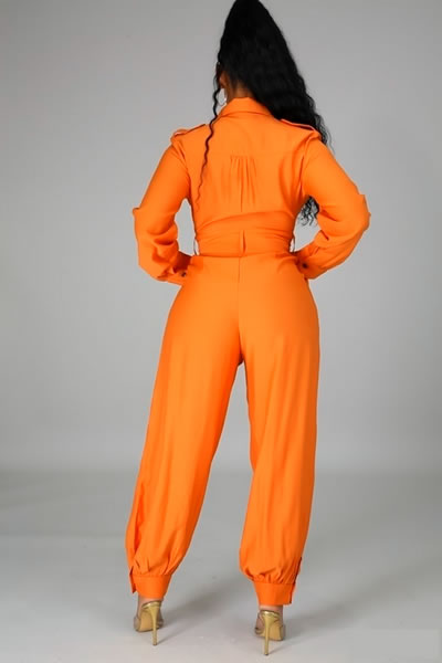 Orange Front button Closure Long Sleeve Jumpsuit