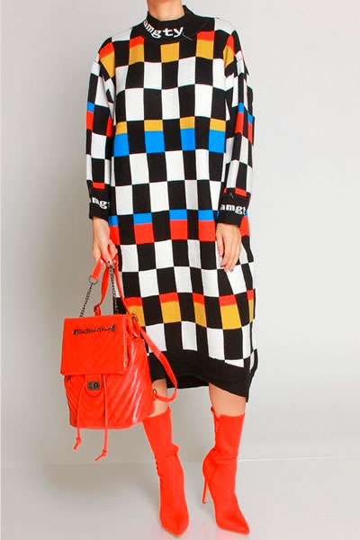 Multicolor Checker Print Knit Dress