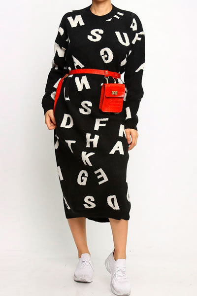 Black Over Sized Alphabet Print Sweater Dress