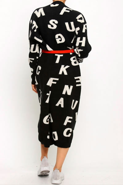 Black Over Sized Alphabet Print Sweater Dress