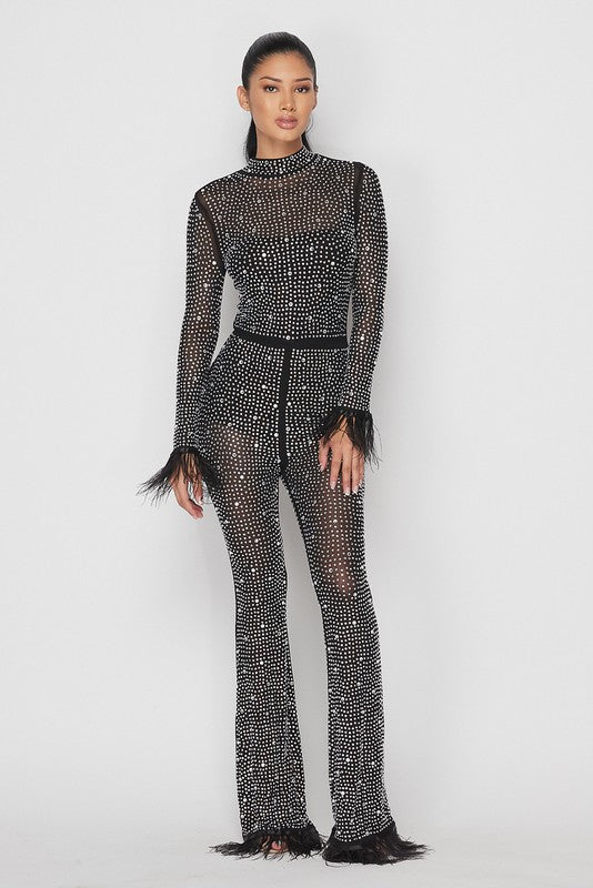 Black High Neck Rhinestone Jumpsuit