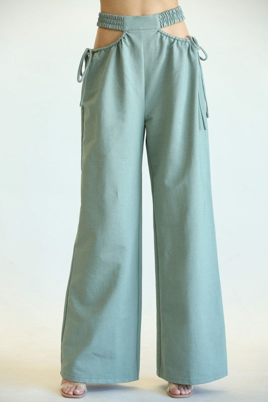 Olive Green Cotton Blend Woven High Waist Pants