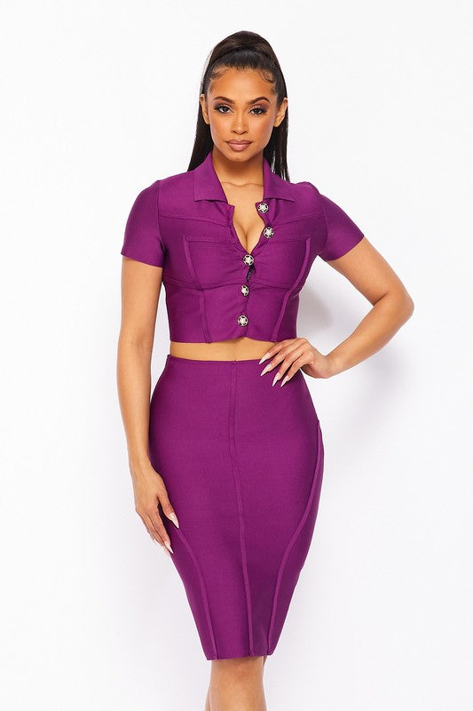 Purple Short Sleeve Crop Top Bandage Set