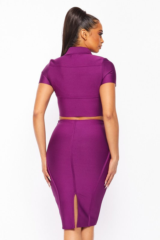 Purple Short Sleeve Crop Top Bandage Set