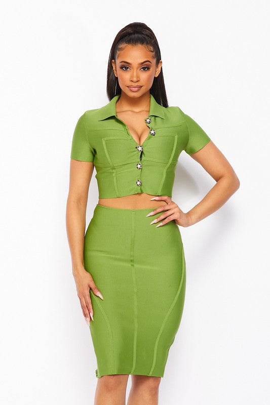 Olive Short Sleeve Crop Top Bandage Set