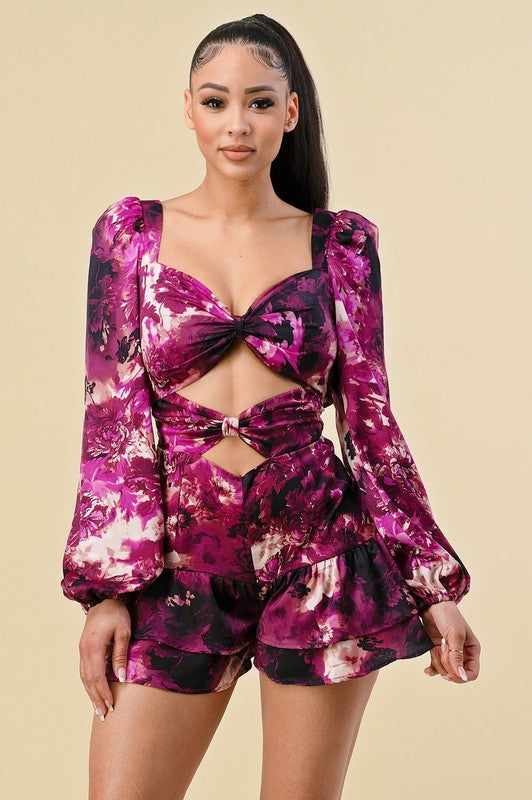 Purple Garden Flower Long Sleeve Romper