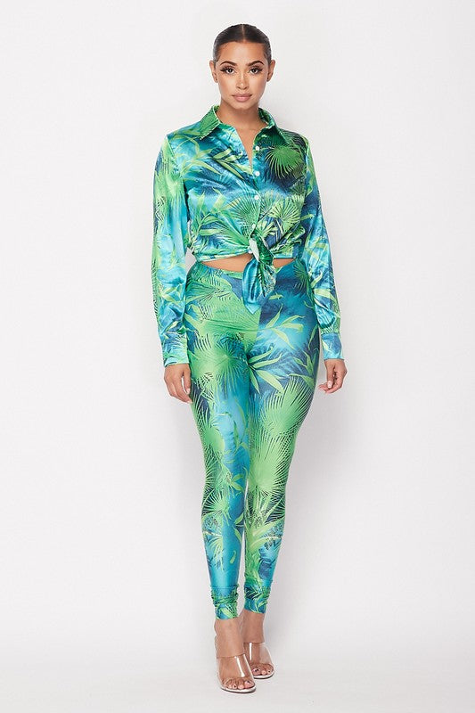 Green Long Sleeve Digital Print 2 Piece Set