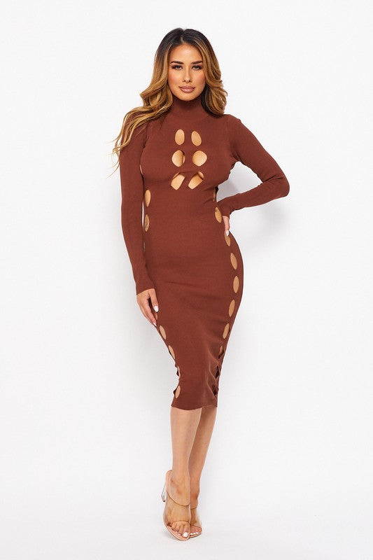 Cocoa CUT OUT MOCK NECK LONG SLEEVE RIB KNIT MIDI DRESS