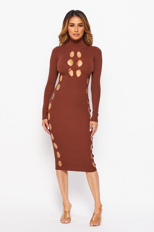 Cocoa CUT OUT MOCK NECK LONG SLEEVE RIB KNIT MIDI DRESS