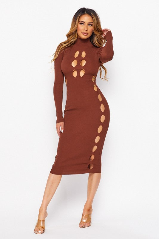 Cocoa CUT OUT MOCK NECK LONG SLEEVE RIB KNIT MIDI DRESS