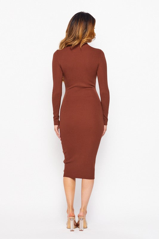 Cocoa CUT OUT MOCK NECK LONG SLEEVE RIB KNIT MIDI DRESS