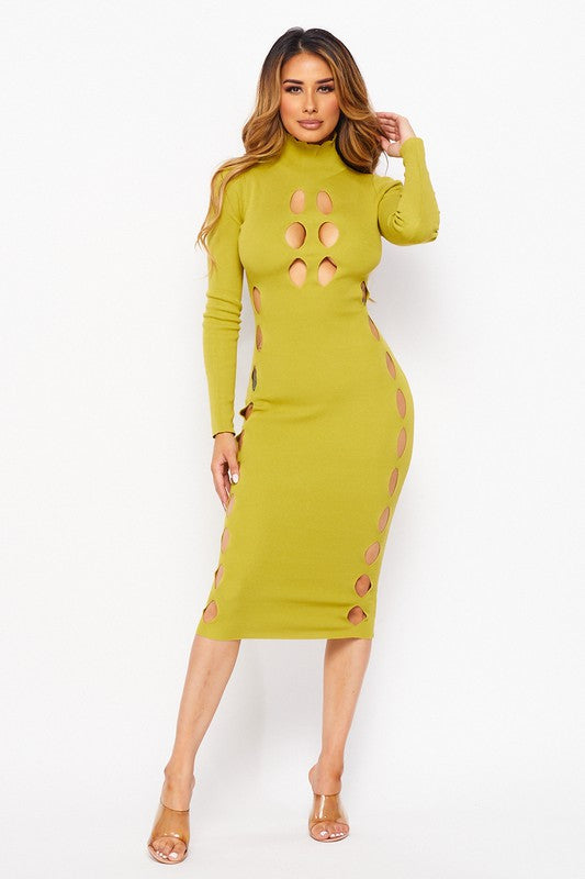 Pistachio CUT OUT MOCK NECK LONG SLEEVE RIB KNIT MIDI DRESS