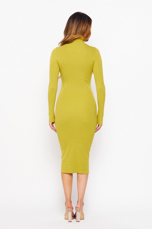 Pistachio CUT OUT MOCK NECK LONG SLEEVE RIB KNIT MIDI DRESS