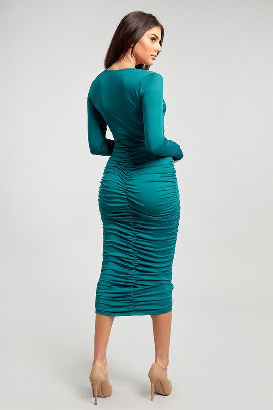 Jade CUT OUT FRONT TIE BODYCON RUCHED MIDI DRESS