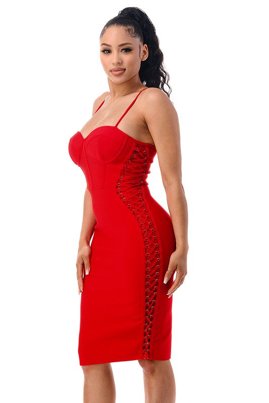 Red LACE-UP ON THE SIDE DESIGN BANDAGE DRESS