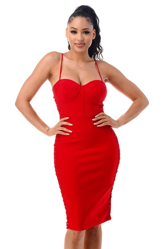 Red LACE-UP ON THE SIDE DESIGN BANDAGE DRESS