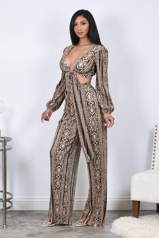 Brown Multi Long Sleeve Front Tie Piece Set